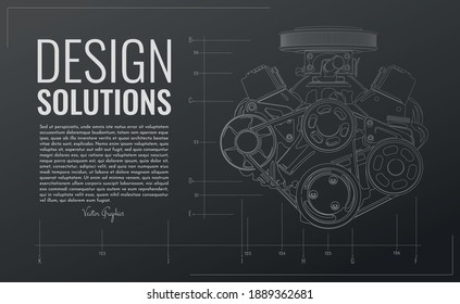 Mockup with realistic V8 engine with contour lines, vector illustration.