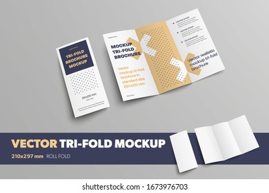 Mockup of realistic vector tri-fold for design presentation. Business booklet on a gray background, with an abstract pattern. Open and closed brochure template