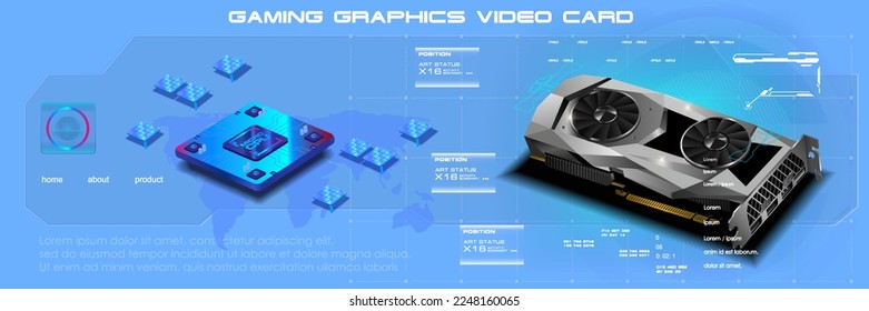 Mockup realistic video card with processor. 3D model video card for computer. Development of electronic digital microdevices. Process mining cryptocurrency with powerful video card