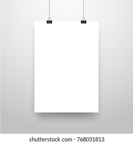 Mock-Up Realistic White Poster Hanging. Empty White Vector Poster Template.