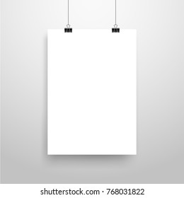 Mock-Up Realistic White Poster Hanging. Empty White Vector Poster Template.