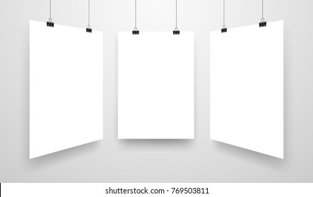 Mock-Up Realistic White Poster Hanging. Empty White Vector Poster Template.