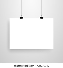 Mock-Up Realistic White Poster Hanging. Empty White Vector Poster Template.