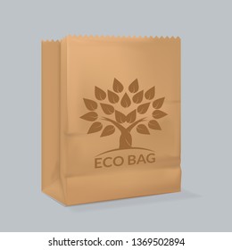 Mockup of realistic white square paper bag with logotype. Corporate blank packaging, shopping paper mockup. Branding packaging template with handles. Corporate style, brand book. Vector illustration.