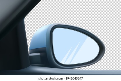 Mockup rear-view mirror, right, passenger. With empty space to insert an image. Isolated on transparent background. 3d realistic vector illustration.