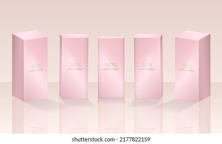 Mockup of rectangular cardboard containers for cosmetic, makeup products. Set of three dimensional soft pink boxes in front and isometric view. Matte containers with text, shadow and reflection