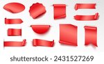 Mockup of red ad tags realistic vector illustration set. Blank badges and ribbons for advertisement 3d models on transparent background