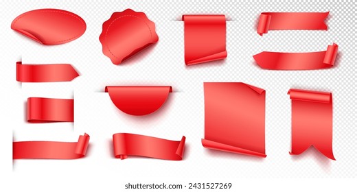 Mockup of red ad tags realistic vector illustration set. Blank badges and ribbons for advertisement 3d models on transparent background