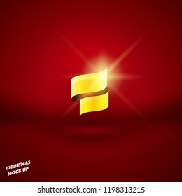 Mockup red background with gold luminous ribbon. Studio room space. Christmas backdrop template
