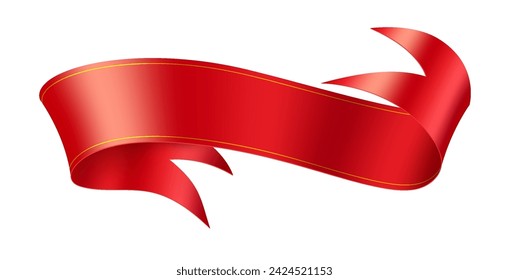 Mockup red ribbon realistic vector illustration. Colorful fabric strip with template 3d model on white background. Vintage design element