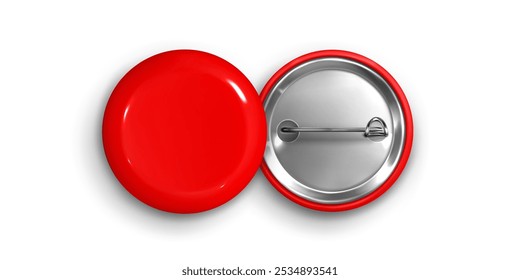 Mockup of red round blank pin badge displaying back view with metallic clasp and smooth surface ready for customization. Realistic 3d vector brooch template for visualizing or branding concept.