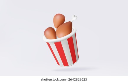 Mockup red white paper box with fried chicken leg isolated on pastel background. Package bucket drumstick fastfood product design. 3d vector icon render illustration.