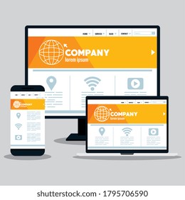mockup responsive web, concept website development in desktop computer, smartphone and laptop vector illustration design