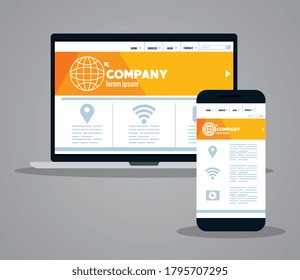 mockup responsive web, concept website development in laptop and smartphone vector illustration design