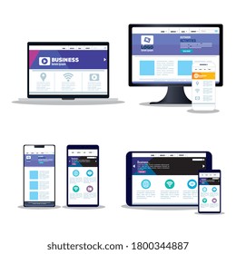 mockup responsive web, concept website development in set of electronics devices vector illustration design
