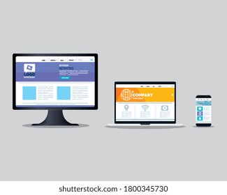 mockup responsive web, concept website development on computer, laptop and smartphone vector illustration design