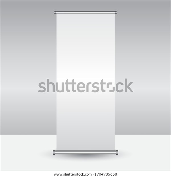 Mockup for roll up display banner design\
and showcase your promotional materials and layouts for\
presentation or exhibition, vector illustration\
