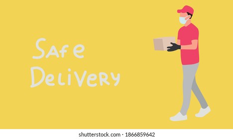 Mock-up safe delivery. Courier with mask and gloves, delivery in quarantine. A man in a delivery uniform. Food delivery. Place for text