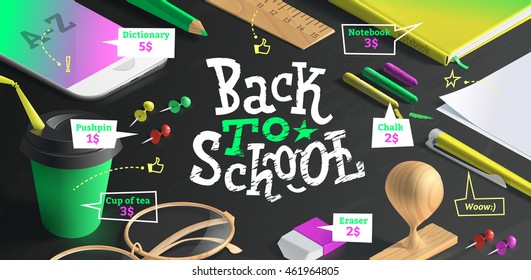 Mockup scenes on education theme. School objects on the slate table for your graphic design. Bright colors in funny poster back to school.
