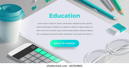 Mockup scenes on education theme. School objects on the wooden table for your graphic design. Bright colors in funny set. Horizontal banner with text and button