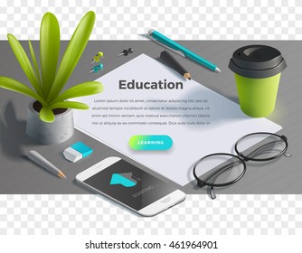 Mockup scenes on education theme. School objects on the wooden table for your graphic design. Bright colors in funny set. Horizontal banner with text and button
