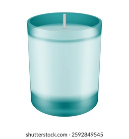 Mockup of a scented candle in a teal green glass holder. Candle in a jar	