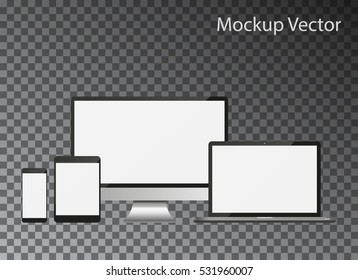 Mockup screens collection isolated on dark background. Set of realistic computer monitors, laptops, tablets and mobile phones. Electronic gadgets.