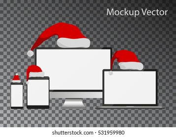 Mockup screens with santa claus hats collection isolated dark background. Set of realistic computer monitors, laptops, tablets and mobile phones.