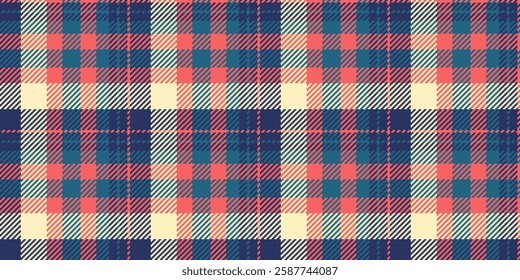 Mockup seamless vector plaid, trim texture pattern background. Carnival tartan fabric check textile in blue and red colors palette.