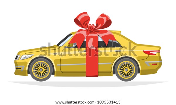 Mockup sedan car gift for\
present with red bow and ribbon. The ability to easily change the\
color.