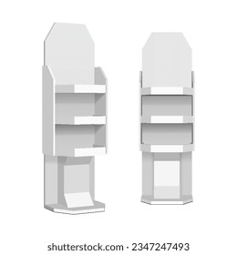 Mockup Set Of 3D Cardboard Retail Display Stand Floor Rack, Shelf, Shelves For Supermarket Blank Empty. Illustration Isolated On White Background. Mock Up Template 