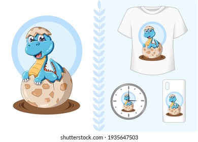 Mockup set, baby blue dinosaur on the egg animal illustration
