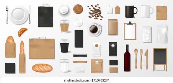 Mockup set for Bakery Shop, Cafe or Restaurant. Brand identity template. Realistic Bakery Shop elements, bread, croissant, menu, coffee beans, food package, wine bottle. Vector