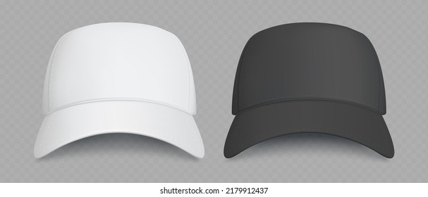 Mockup set of black and white caps. Front view collection. Realistic templates isolated on transparent background. Vector illustration.