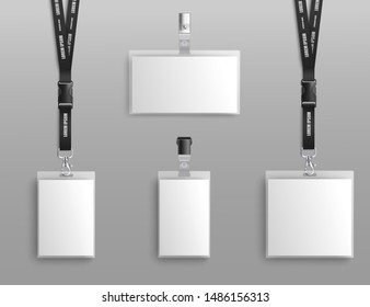 Mockup set of blank badge holders with clips and black lanyard realistic style, vector illustration isolated on gray background. Template designs of empty identification cards