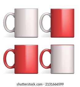 Mockup Set Blank Colored Cup Mug White, Red Porcelain, Cerámicas Aisladas En Fondo Blanco. Modelo De Maqueta Para Marcar. Ilustración Fotorrealista. Listo Para Su Diseño. Vector.