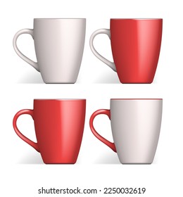 Mockup Set Blank Colored Cup Mug White, Red Porcelain, Ceramics Isolated On White Background. Mock Up Template For Branding. Photorealistic Illustration. Ready For Your Design. Vector.