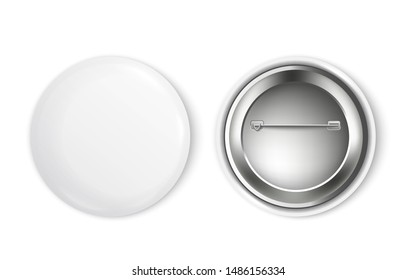 Mockup set of blank white round badge from front and back sides realistic style, vector illustration isolated on white background. 3d template of clean empty pin brooch or button