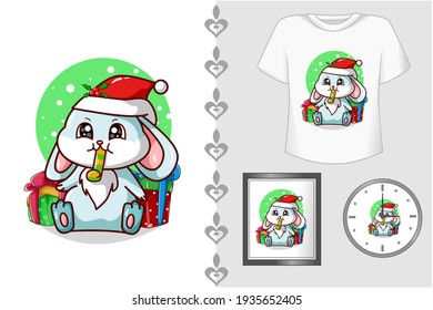 Mockup set, a blue rabbit blowing a trumpet and some Christmas presents