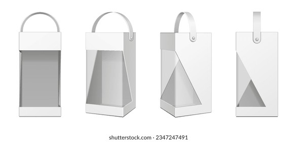 Mockup Set Of Cardboard Packaging Box With Handle For Fast Food Meal, Candy, Cookies, Gift Or Other Products With Window. Illustration Isolated On White Background. Mock Up Template.