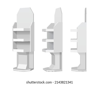 Mockup Set Of Cardboard Retail Display Stand Floor Rack Shelves For Supermarket Blank Empty. 3D Illustration Isolated On White Background. Mock Up Template Ready For Your Design. 