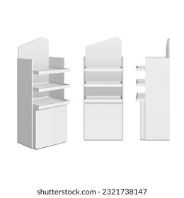 Mockup Set Of Cardboard Retail Display Stand Floor Rack Shelves For Supermarket Blank Empty. 3D Illustration Isolated On White Background. Mock Up Template For Your Design. 
