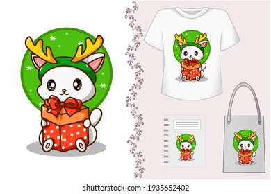 Mockup set, cat carrying a Christmas present wearing a reindeer horn headband