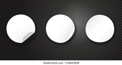 Mockup set Circle stickers on a black transparent background. White tags paper. White round stickers. Realistic Vector illustration