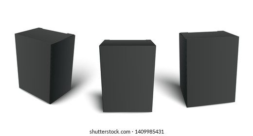 Mockup set of clean black cardboard boxes realistic style, vector illustration isolated on white background. 3d template of blank black rectangle packaging in front and three-quarter views