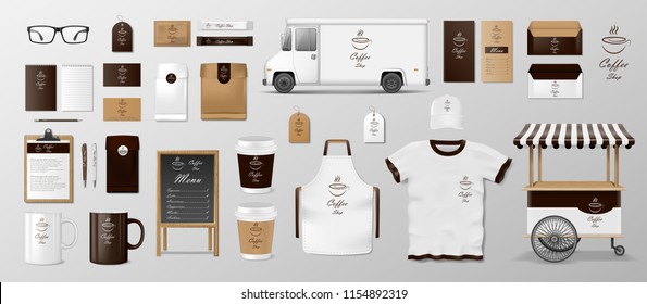 Mockup set for coffee shop, cafe or restaurant. Coffee food package for corporate identity design. Realistic set of cardboard, Food delivery truck, cup, pack, shirt, menu