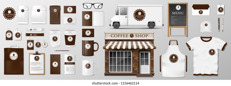 Mockup set for coffee shop, cafe or restaurant. Coffee food package for corporate identity design. Realistic set of cardboard, Food delivery truck, cup, pack, shirt, menu