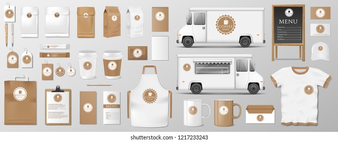 Mockup set for coffee shop, cafe or restaurant. Coffee food package for corporate identity design. cardboard, Food delivery truck, cup, pack, shirt, menu EPS 10