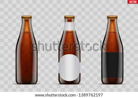 Mockup set of Craft beer bottle. Brown amber glass. Mock-up design for Individual and home brewery. Handcrafted beer. Vector Illustration isolated on transparent background