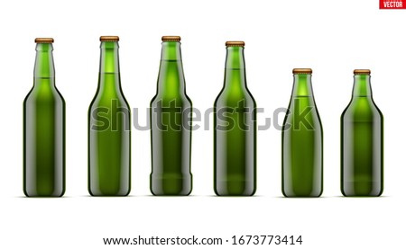 Mockup set of Craft beer bottle. Different bottle models in Green glass. Individual and home brewery. Handcrafted beer. Vector Illustration isolated on white background.